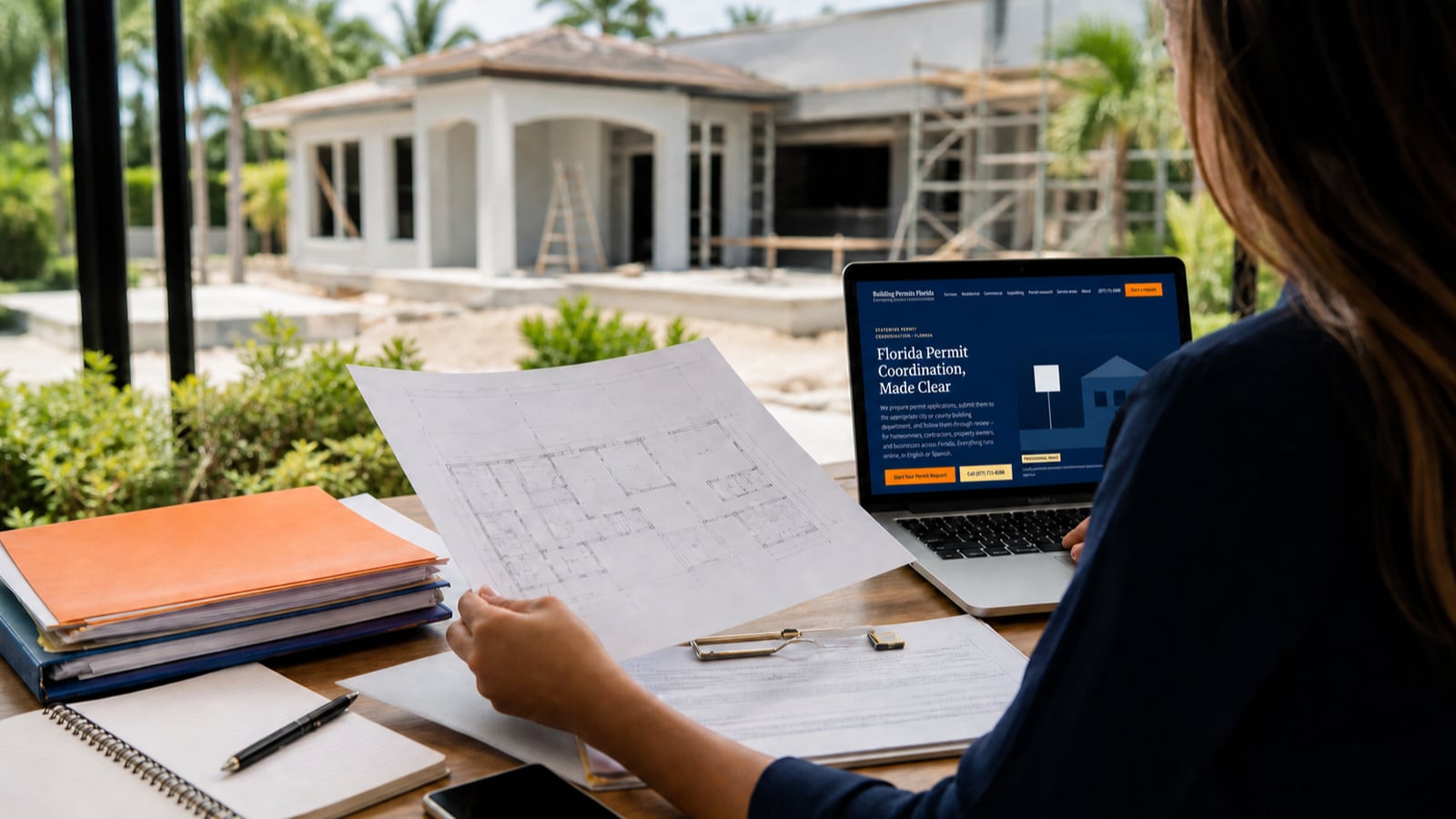 Permit coordinator reviewing building plans beside a laptop showing the Building Permits Florida website, with a Florida home under construction.