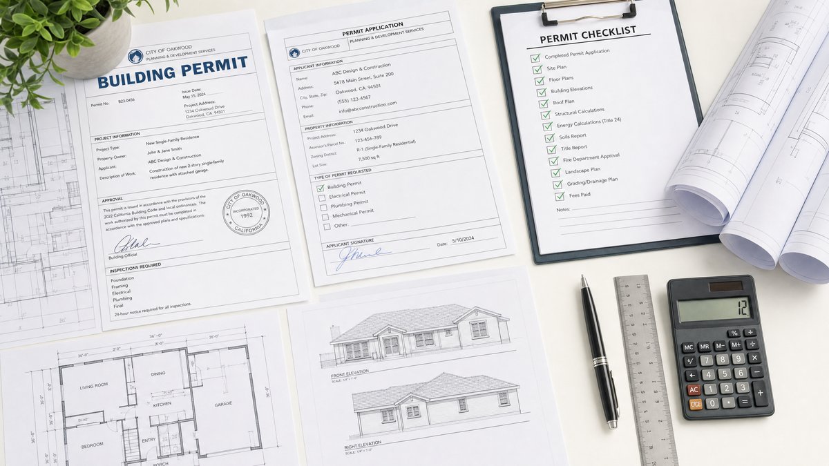 Florida building permit application documents and checklist with blueprints